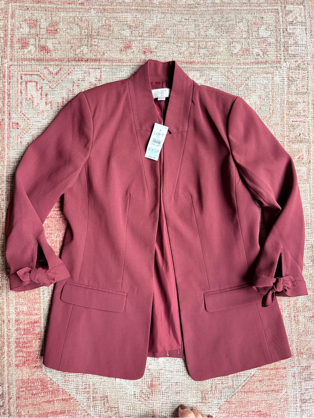 LOFT Burgundy Open-Front Blazer with Tie Sleeve Detail